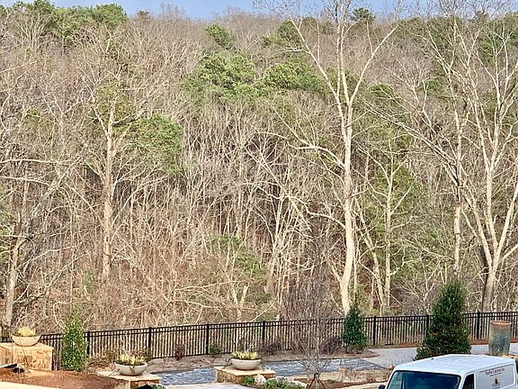 View from front balcony. This is the conversation and fire pit area, swings and chairs overlooking Vickery creek.