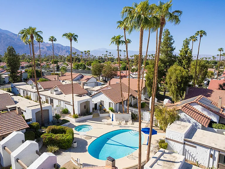 Drone view of pool just steps from front patio of Casa Autry.