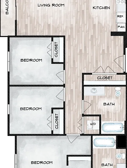 3 Bed 2 Bath A Floorplan Diagram