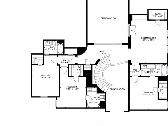 Example floor plan for the second floor, three generous rooms with large walk-in closets and three bathrooms plus the game room.