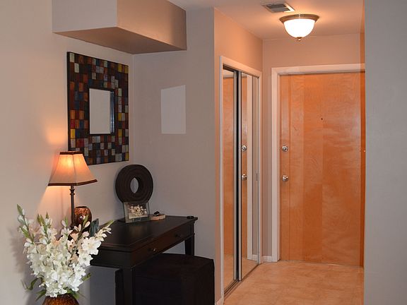 Tiled entryway with coat closet
