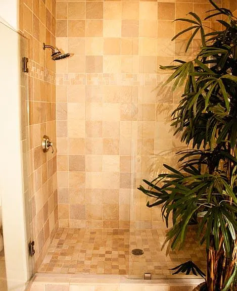 Beautiful double-sized shower with rainshower fixture.
