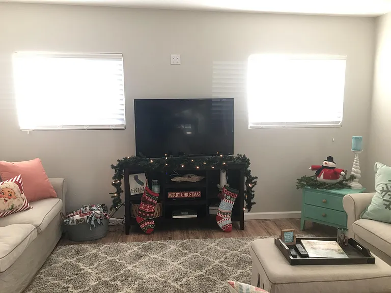 Back living space at Christmas with windows to east side yard