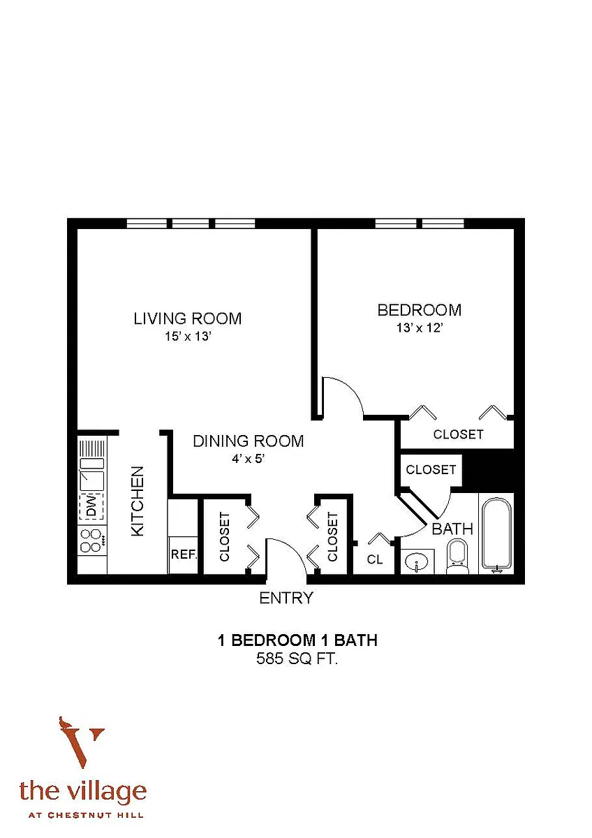 Floor plan Village at Chestnut Hill- 1 Bdrm 585 Sqf