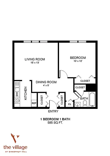 Floor plan Village at Chestnut Hill- 1 Bdrm 585 Sqf