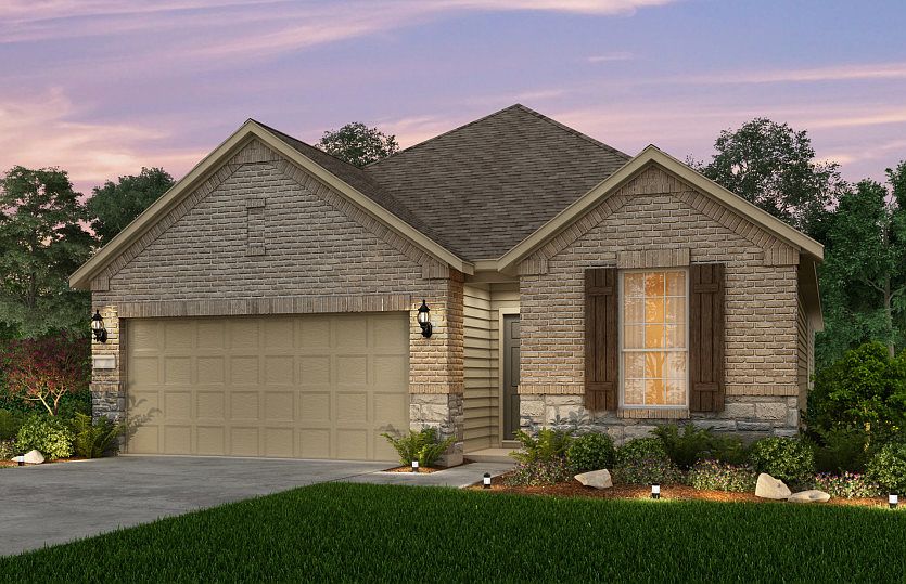 Exterior B, with covered front porch, stone accents, and a 2-car garage