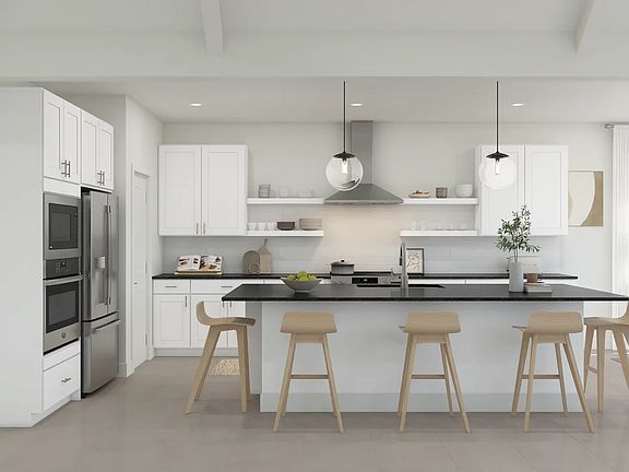 Kitchen with pendant lighting and floating shelves