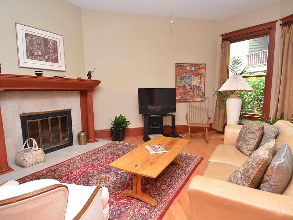 Living room and wood-burning fireplace
