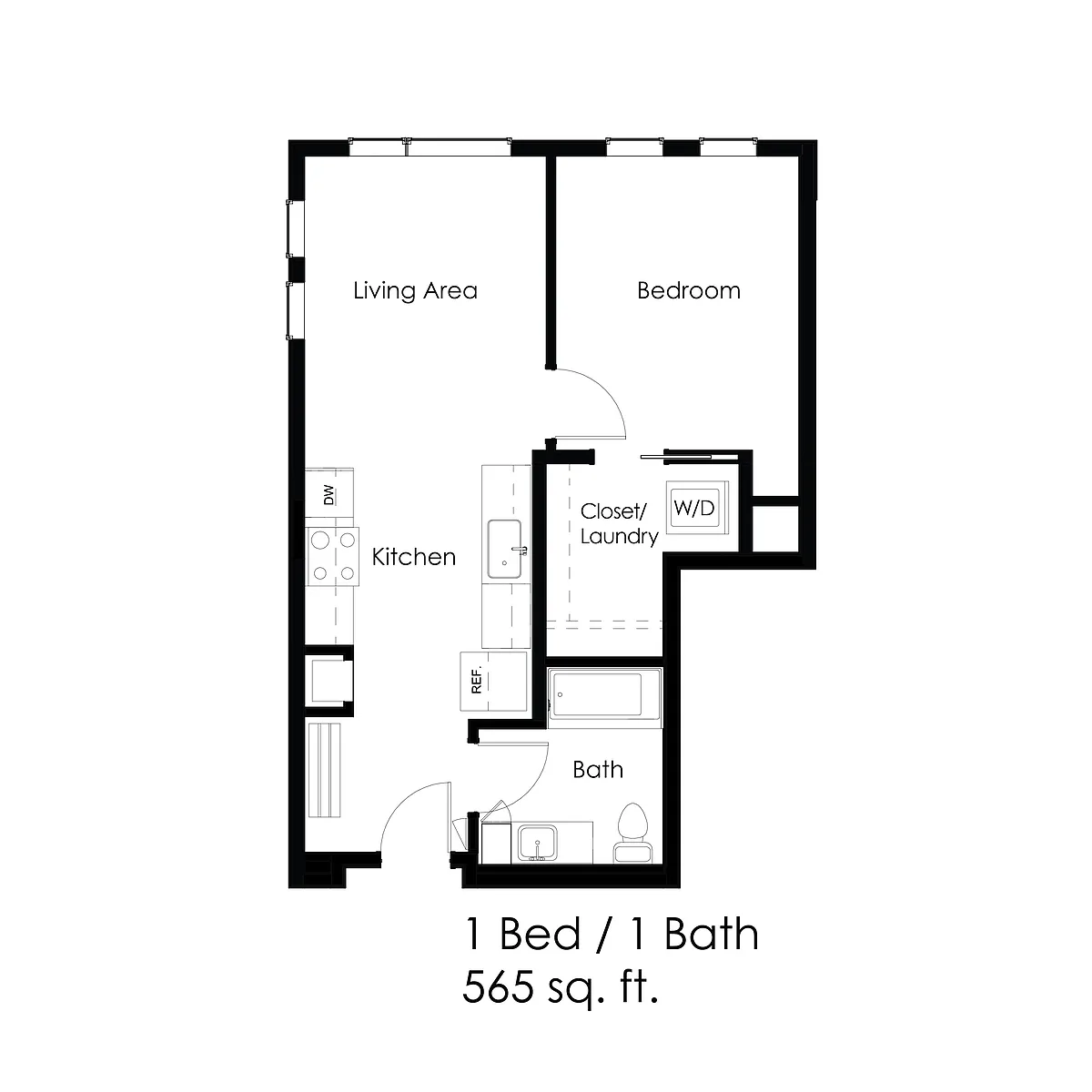 Floor plan 1 Bed / 1 Bath 565 sq ft 1D