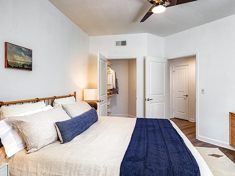 Spacious apartment bedroom with large closet and wood-style flooring.