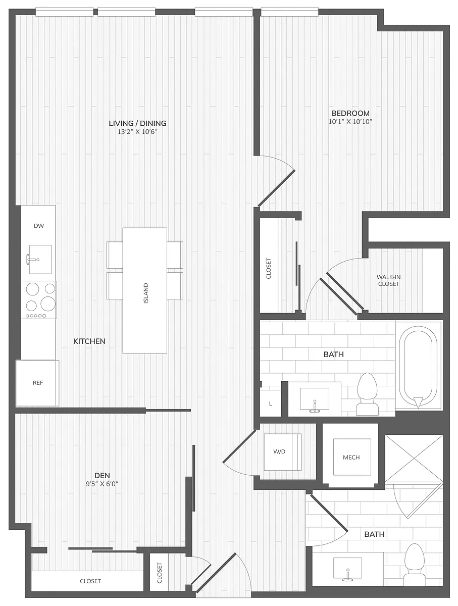 Floor plan 1 Bed/2 Bath Den-A Medley