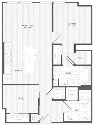 Floor plan 1 Bed/2 Bath Den-A Medley