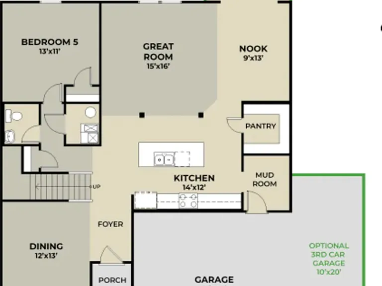 Builder floor plan shown in mirrored orientation. Actual home is the reverse layout. Provided for room dimensions and general layout reference.