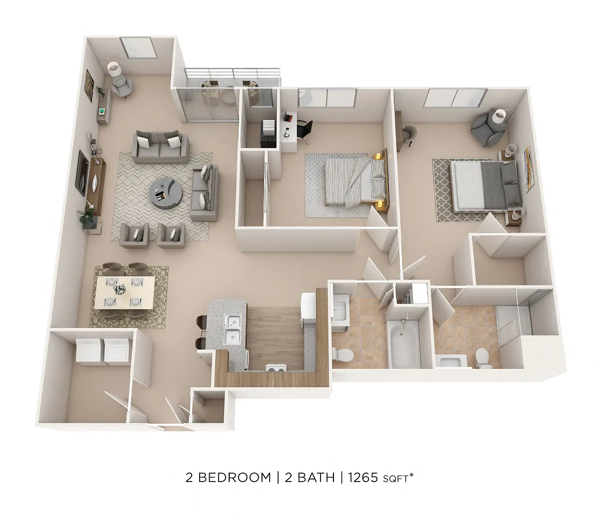 Floor plan Two Bedroom 2 Bath- 1,265 sqft