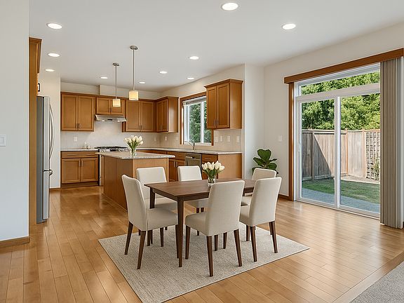 Chef's dream kitchen featuring stainless steel appliances, gas stove, large island, and a bright cozy breakfast nook. (Virtually Staged)