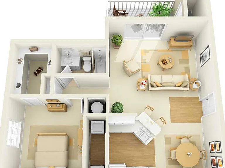 One Bedroom, 1008 sqft, Screened-in Patio/Balcony, Laundry Room with Full-Size Washer/Dryer, Walk-in Closet, Linen Closet, Vaulted Ceilings in Third Floor Homes Only One Bedroom, 1008 sqft, Screened-in Patio/Balcony, Laundry Room with Full-Size Washer/Dry