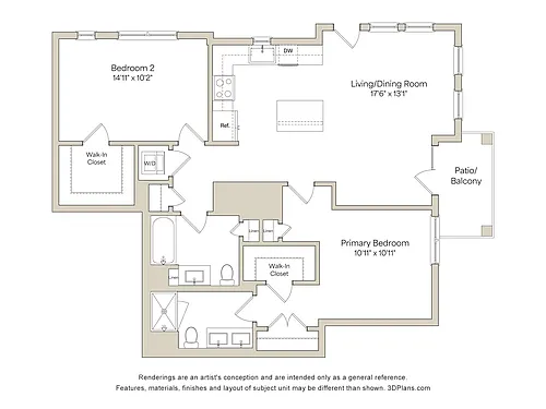 Floor plan B3 - 2BR 2BA (999 SF)