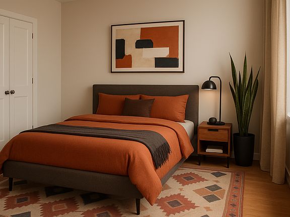 Master bedroom has one FULL wall of closets with amazing storage space. There's room for dressers if you don't want all clothes in the closet. Note that the room is currently not decorated like this.