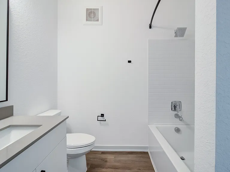 A clean, well-appointed bathroom featuring a large vanity and sink, shower and tub combo, and a spray pattern showerhead _ functional and finished.
