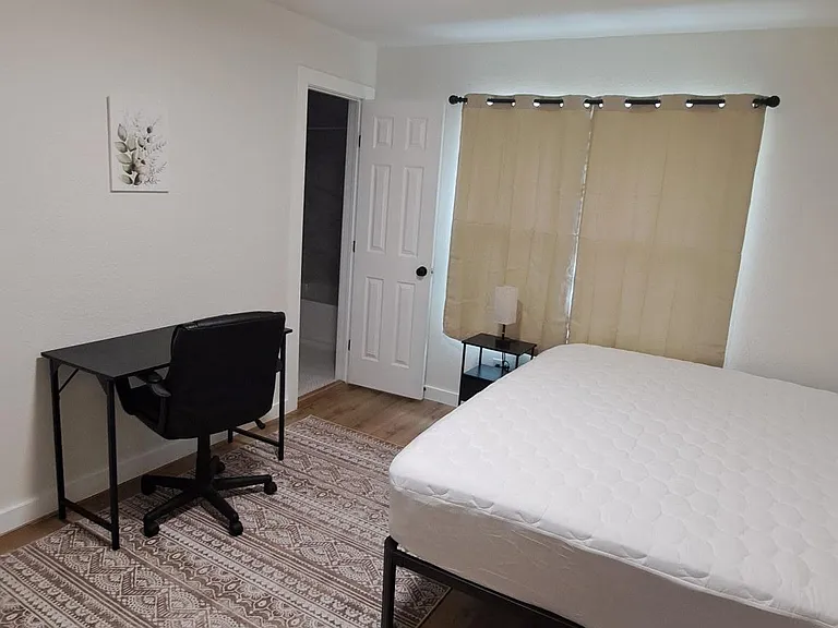 Furnished bedroom with a bed, nightstand lamp, work desk, and closet access, finished with wood-style floors and an area rug.