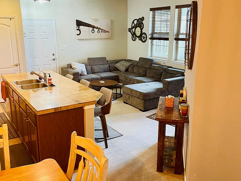 Large dining table and eat in Kitchen.