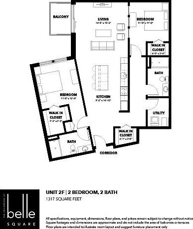 Elegant floor plan for Belle Square Unit 2F featuring 2 bedrooms, 2 baths, open kitchen, and living area with balcony, spanning 1317 sq ft. Elegant floor plan for Belle Square Unit 2F featuring 2 bedrooms, 2 baths, open kitchen, and living area with balco
