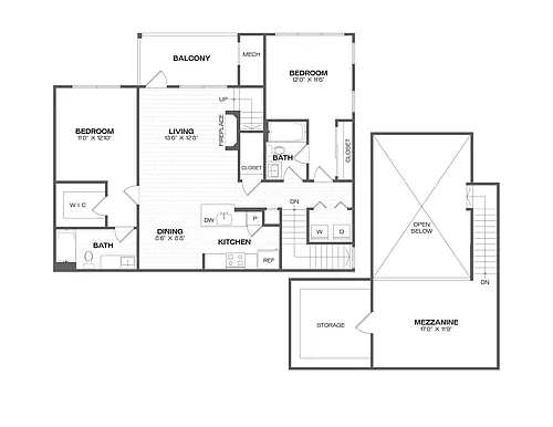 Floor plan 2 Bed/2 Bath Loft-B1L
