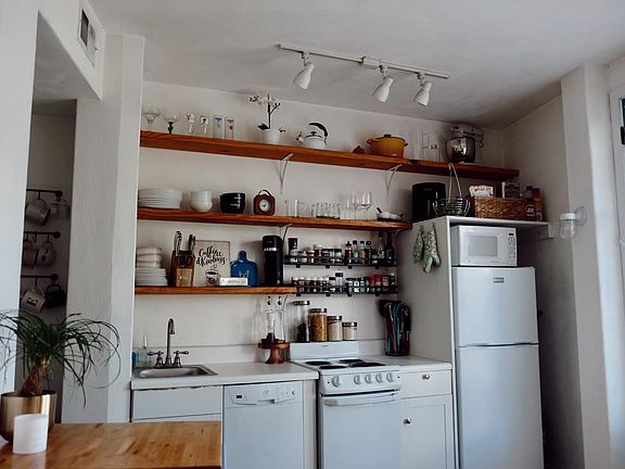 Kitchenette, exposed shelving, dishwasher, oven, stovetop, fridge, microwave.