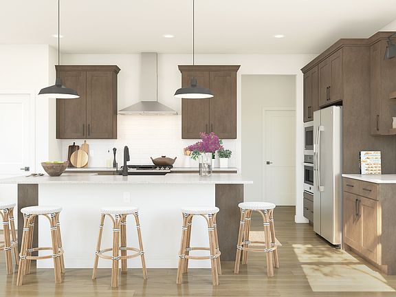 Kitchen with pendant lighting and floating shelves