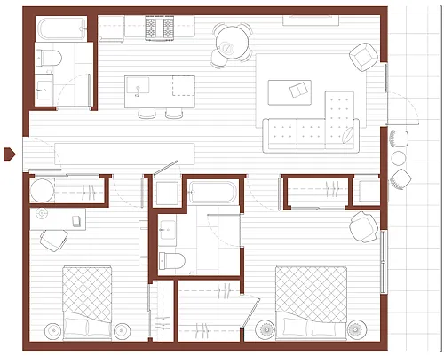 Floor plan 2 Bedroom, 2 Bathroom E9