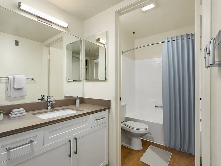 Renovated I bath with quartz countertops and hard surface flooring