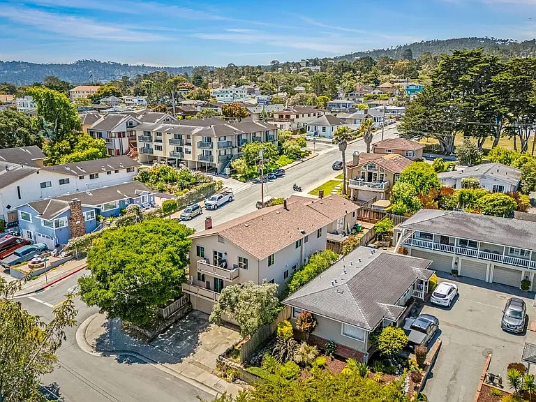 Aerial View of the Studio's Exterior Entrance facing the Ocean (Left Corner Blue House)