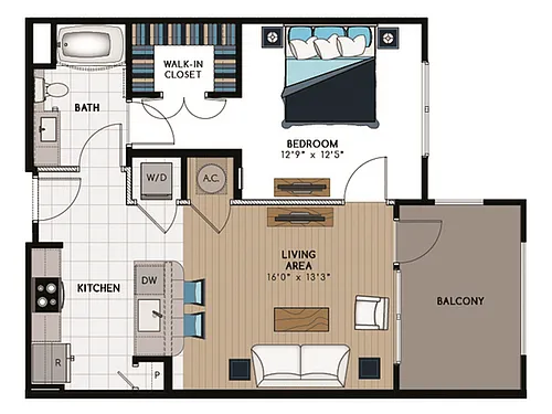 Floor plan 1 Bed, 1 Bath B (140% Income Restricted)