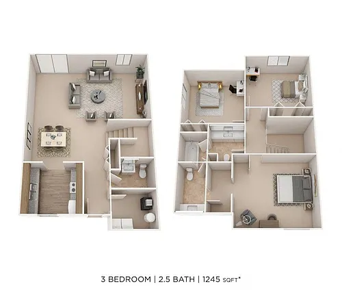 Floor plan Three Bedroom 2.5 Bath Townhome - 1,245 sqft