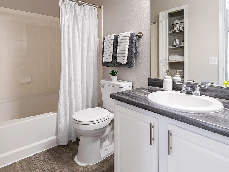 Enjoy a fresh start every day in this stylish bathroom featuring black fusion countertops and white cabinetry, a large mirror and wood-style flooring.