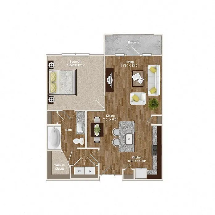 Floor plan A3 - 1Bed/1Bath - Island Kitchen & Large Balcony