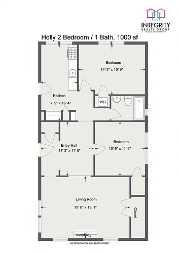 Floor plan The Holly 2 Bedroom 1 Bath A