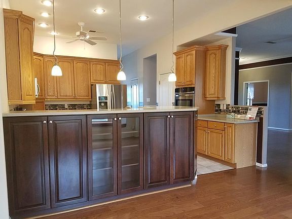 Kitchen has lots of wonderful lighting