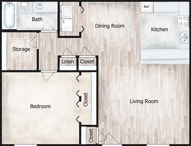 1 Bed 1 Bath Floorplan Diagram