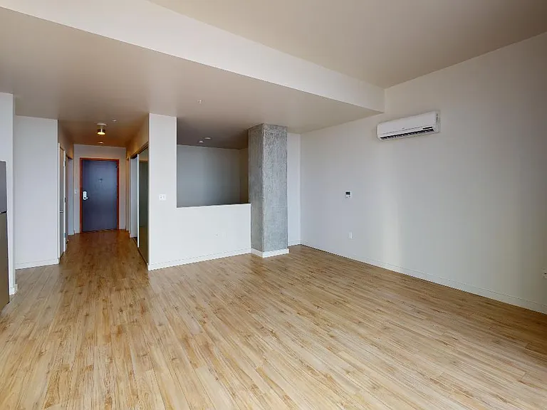 Apartment living room with wood-style flooring.