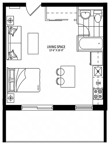 Floor plan 40 Grandville - Plan A 0 Bed 1 Bath