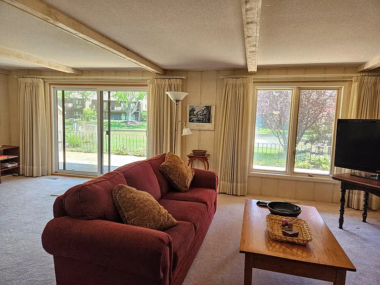 walk out lower level with view of pond, lots of light