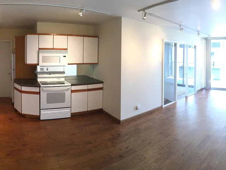 Open floor plan with hardwood floor and lots of natural light! (photo standing just inside entry door)