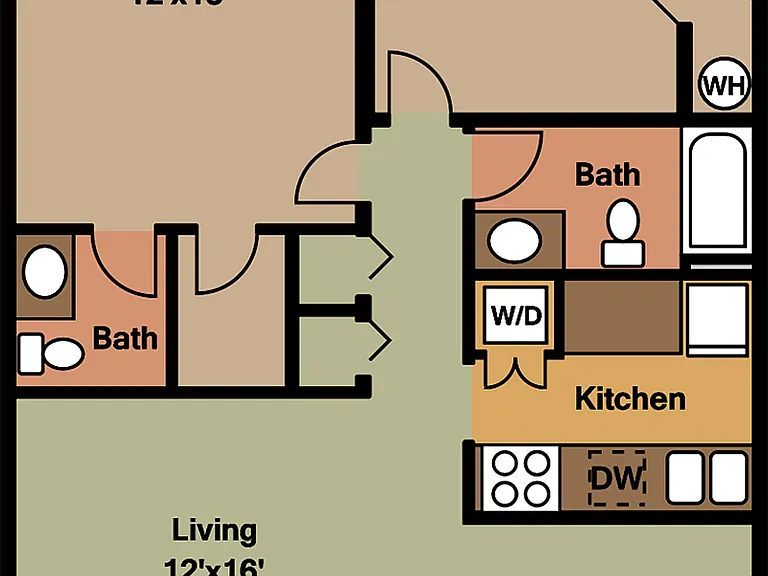 Inviting floor plan showcasing two spacious bedrooms, two modern bathrooms, an open living area, a functional kitchen with appliances, and a cozy dining space. Inviting floor plan showcasing two spacious bedrooms, two modern bathrooms, an open living area