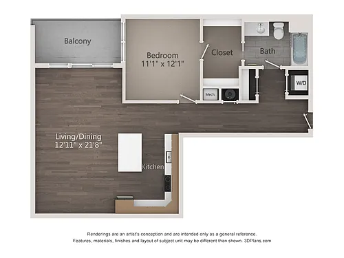 Floor plan One Bedroom One Bathroom (893 SF)
