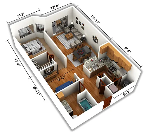 Floor plan 1 Bedroom, 1 Bath (+) Den