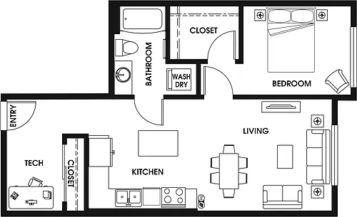 Floor plan 1 Bed/1 Bath Den ARCH-B2