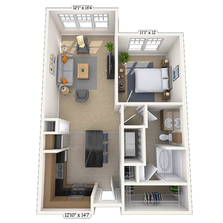 Floor plan Traditional 1x1 657-743 SF