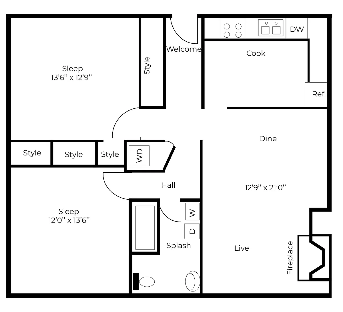 Floor plan Two Bedroom with Washer & Dryer