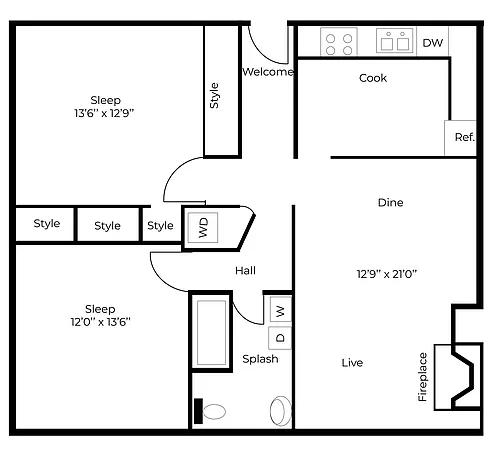 Floor plan Two Bedroom with Washer & Dryer